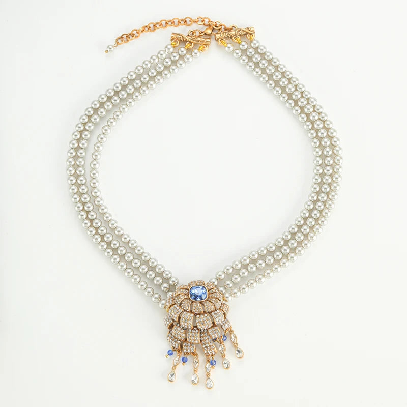 Vintage Layered Necklace with Zircon Flower & Pearl Pendant