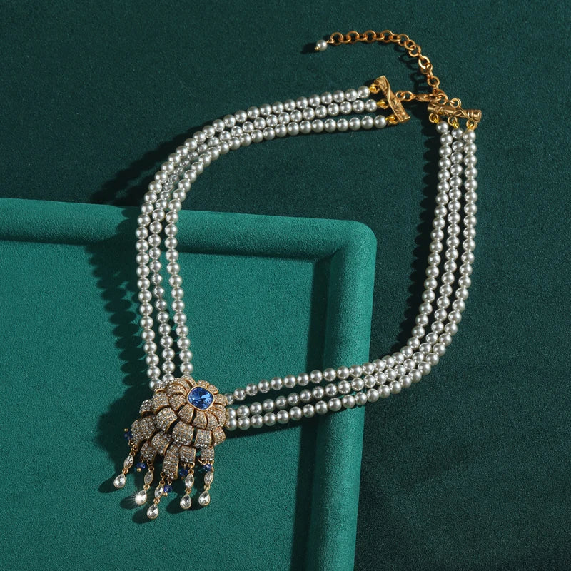 Vintage Layered Necklace with Zircon Flower & Pearl Pendant