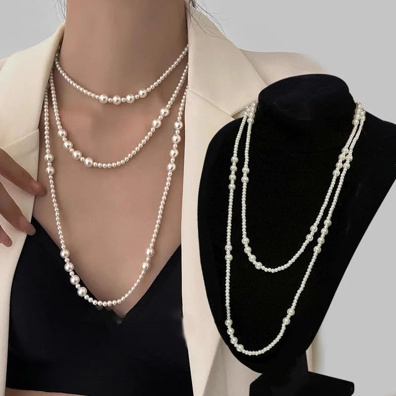 Vintage Multi-Layer Pearl Necklace – Elegant Sweater Chain