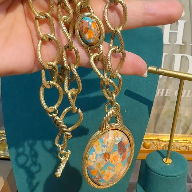 Vintage Natural Stone Nautical Map Oval Pendant Necklace