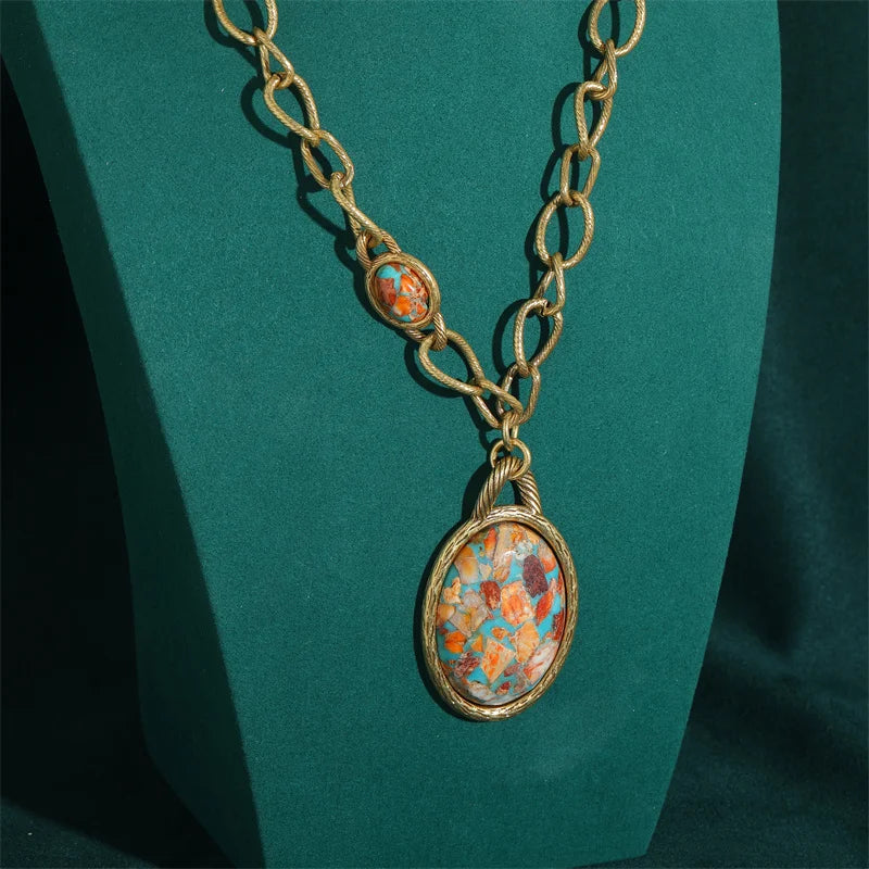 Vintage Natural Stone Nautical Map Oval Pendant Necklace