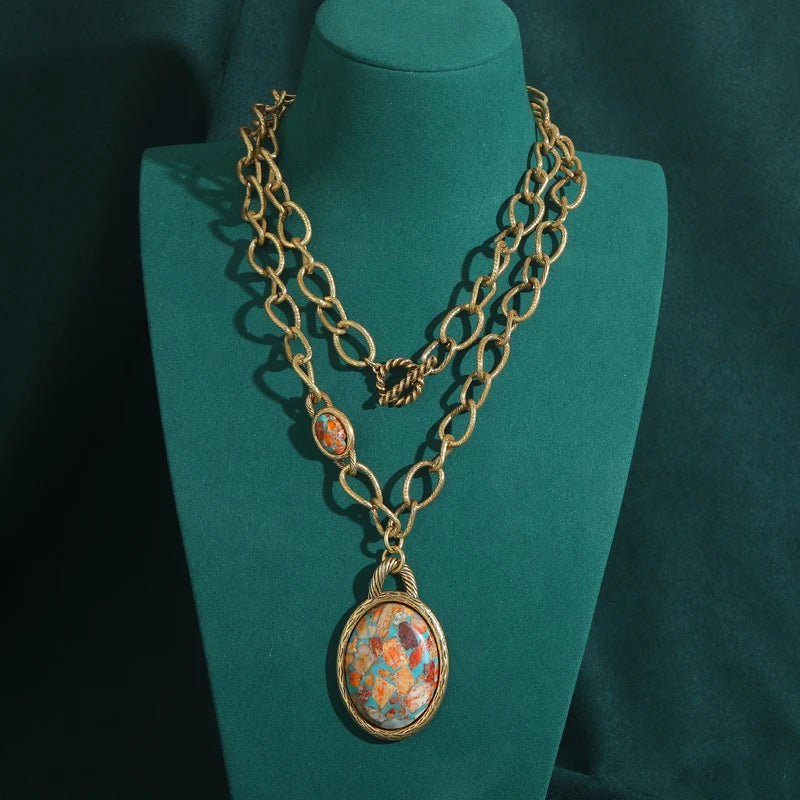 Vintage Natural Stone Nautical Map Oval Pendant Necklace