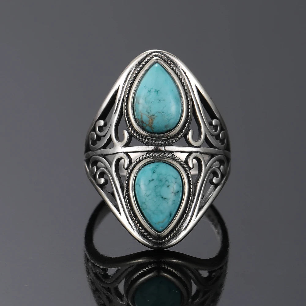 Vintage Natural Turquoise Bohemian Sterling Silver Ring for Women and Men