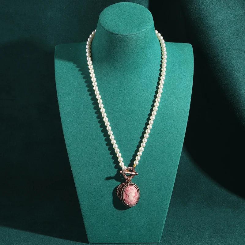 Vintage Pearl Necklace with Pink Cameo – Rose Gold Bridal Jewelry