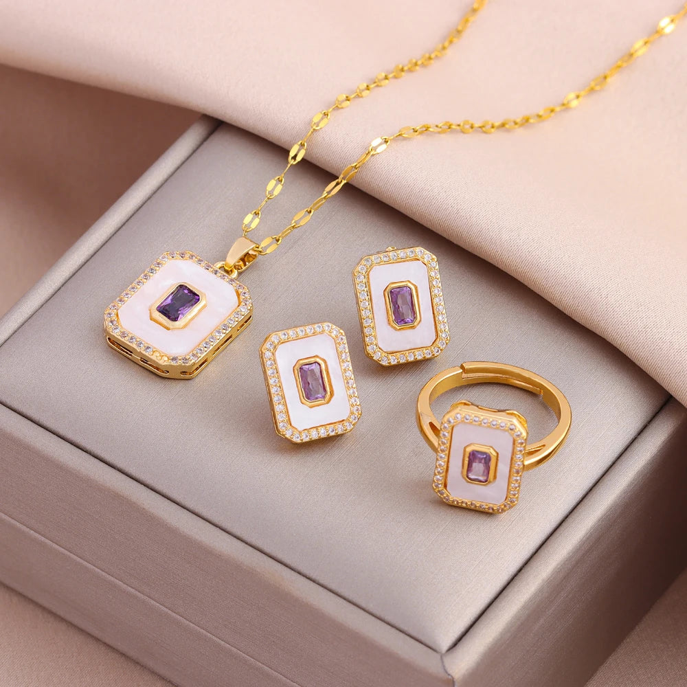 Vintage Purple Zircon Jewelry Set – Necklace, Earrings & Ring