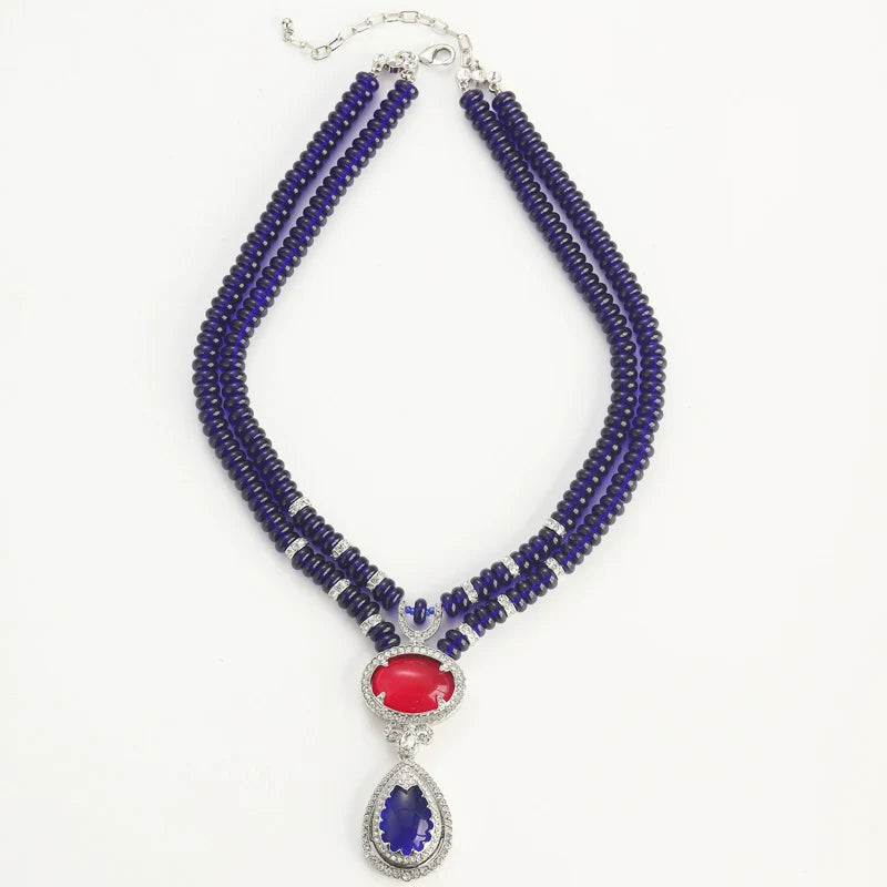 Vintage Sapphire Blue Beaded Necklace with Water Drop Pendant