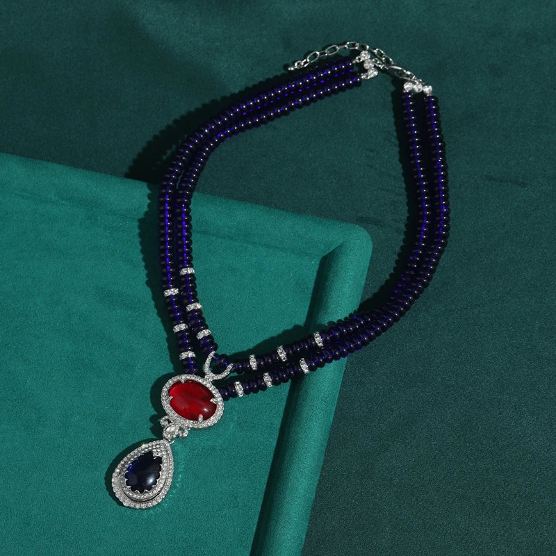 Vintage Sapphire Blue Beaded Necklace with Water Drop Pendant