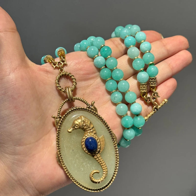 Vintage Sea Horse Stone Necklace – Layered Gold Luxury Jewelry