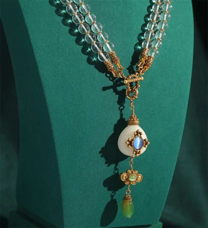 Vintage Transparent Glass Four-Leaf Clover Pendant Layered Necklace