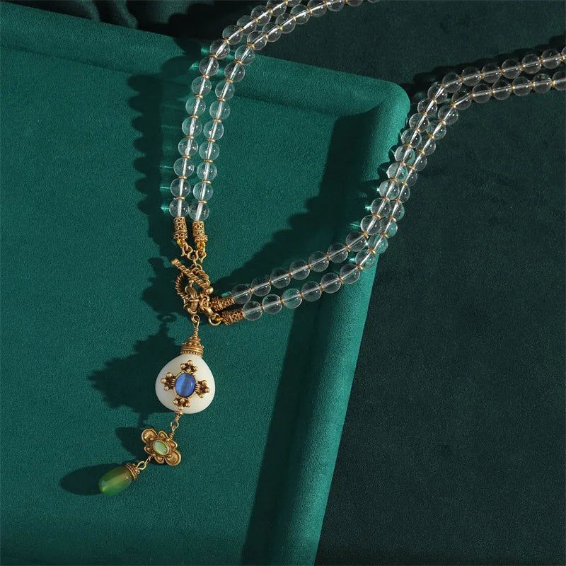 Vintage Transparent Glass Four-Leaf Clover Pendant Layered Necklace