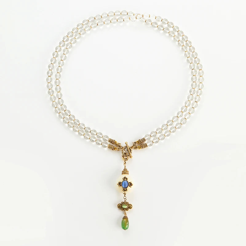 Vintage Transparent Glass Four-Leaf Clover Pendant Layered Necklace