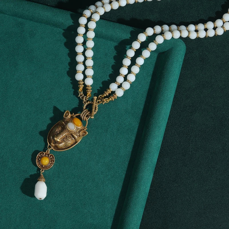 Vintage White Beads Necklace with Tiger Head Pendant