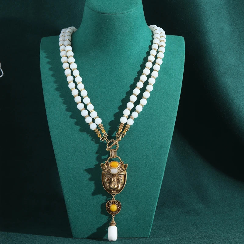 Vintage White Beads Necklace with Tiger Head Pendant