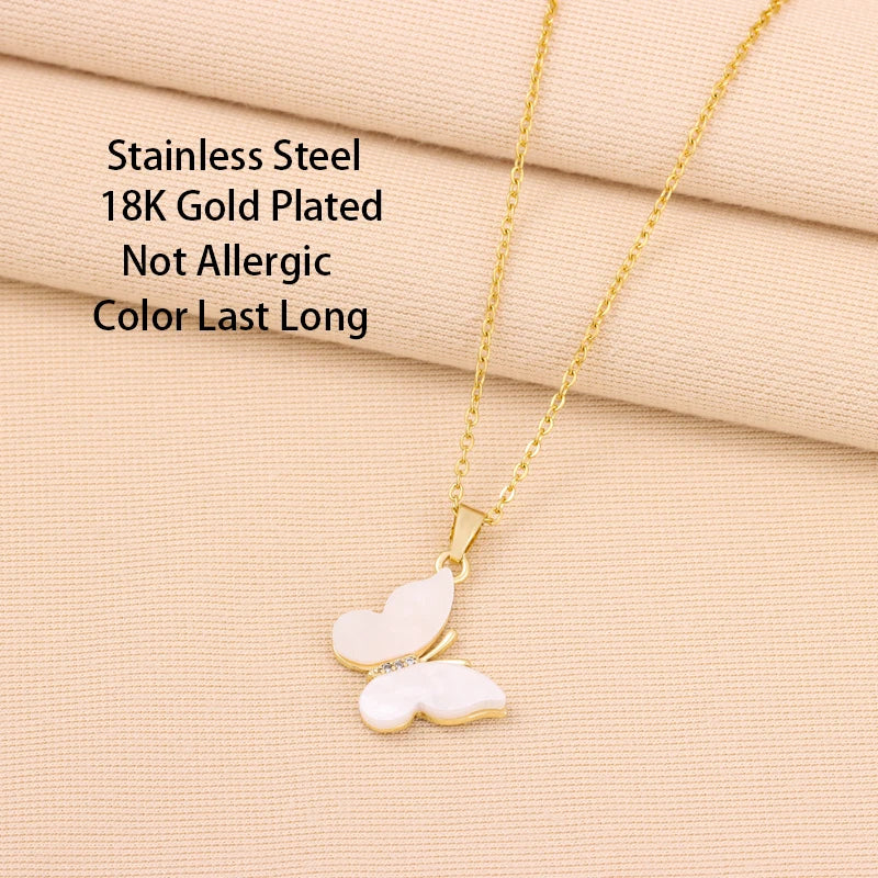 White Butterfly Pendant Necklace – Korean Fashion Stainless Steel Chain