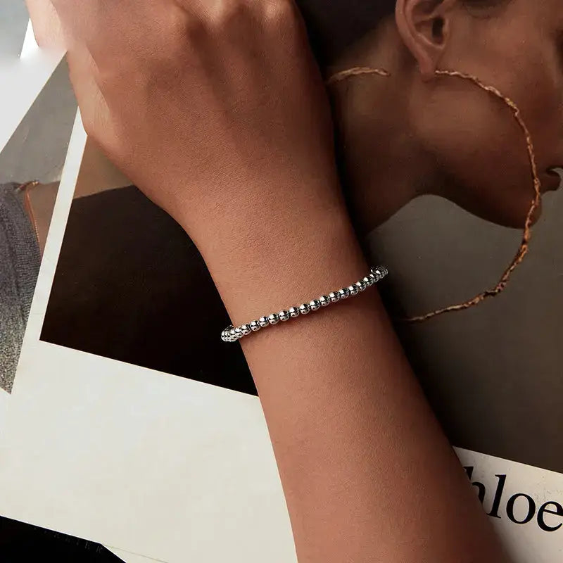 White Gold Plated Sterling Silver Bead Ball Stretch Bracelet