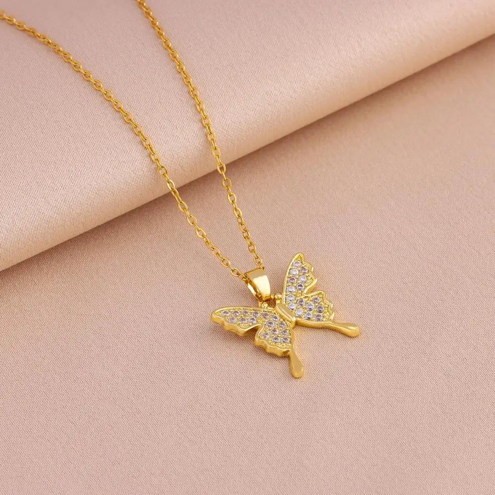 Zircon Butterfly Pendant Necklace – Stainless Steel Chain for Women