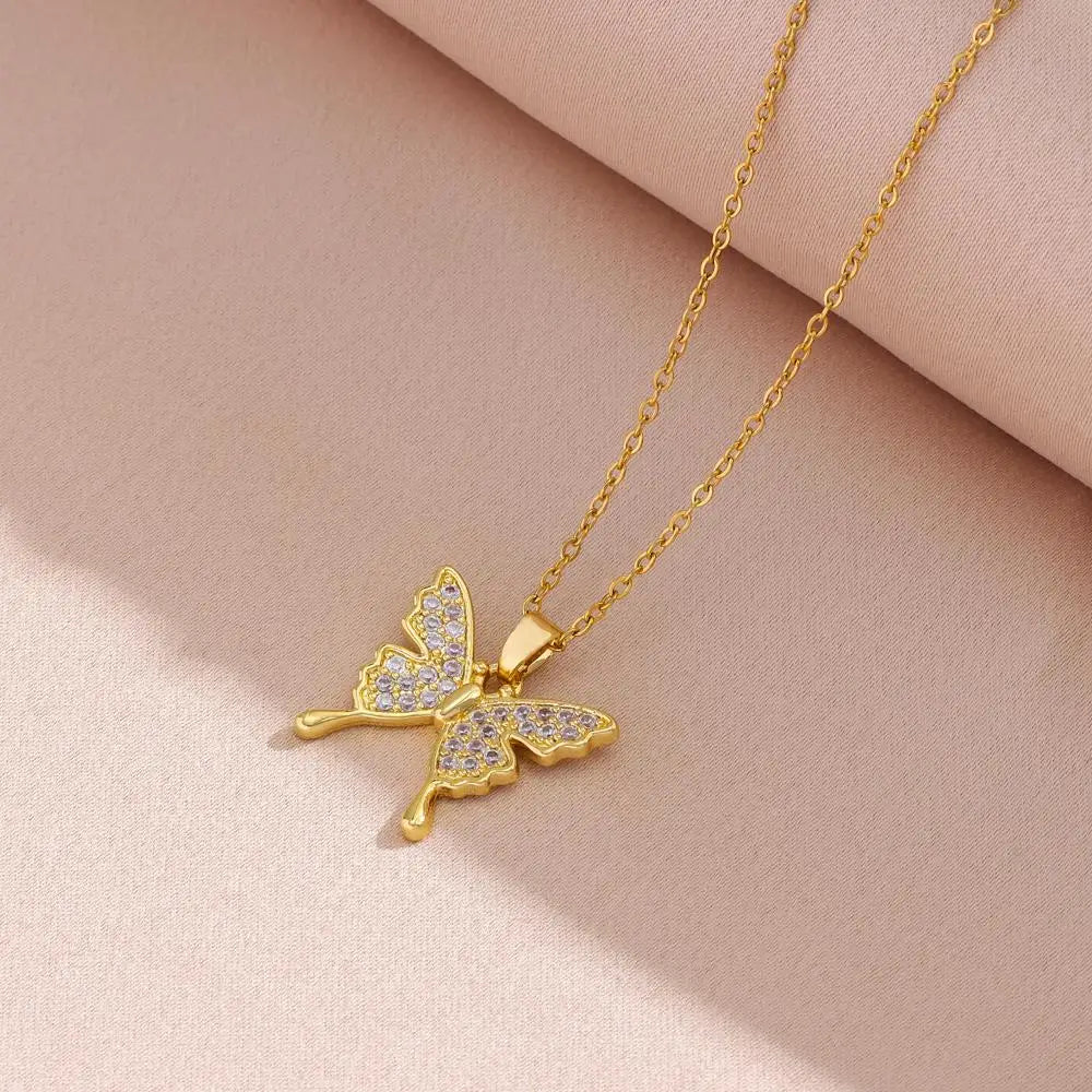 Zircon Butterfly Pendant Necklace – Stainless Steel Chain for Women