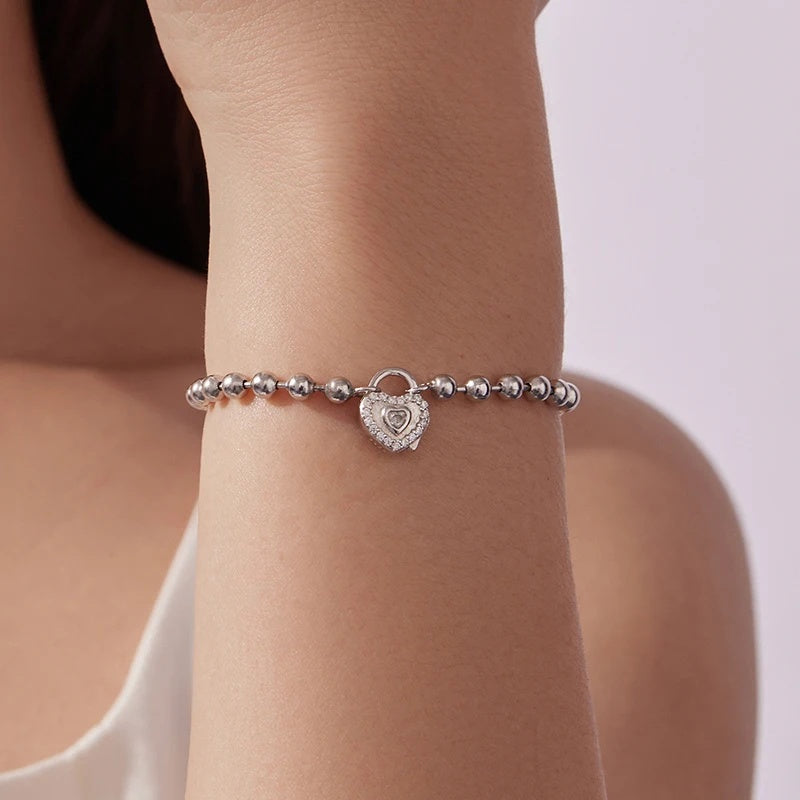 Sterling Silver Heart Charm Bead Link Bracelet for Women