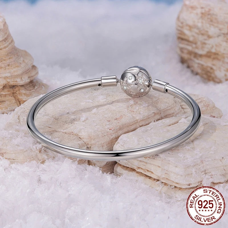 Sterling Silver Snowflake Zircon Charm Bangle Bracelet