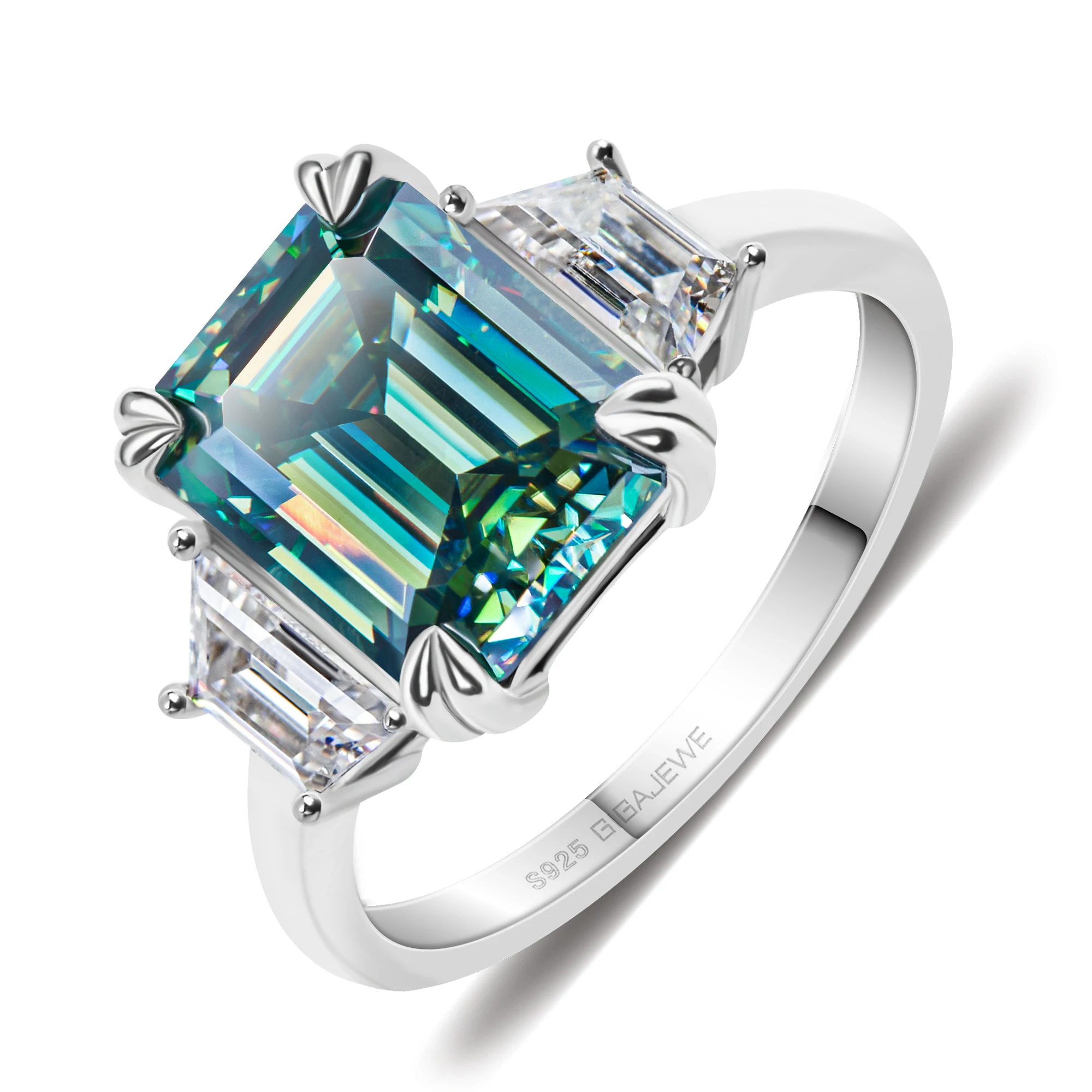 Luxury Emerald Cut Cyan Moissanite Engagement Ring in Sterling Silver