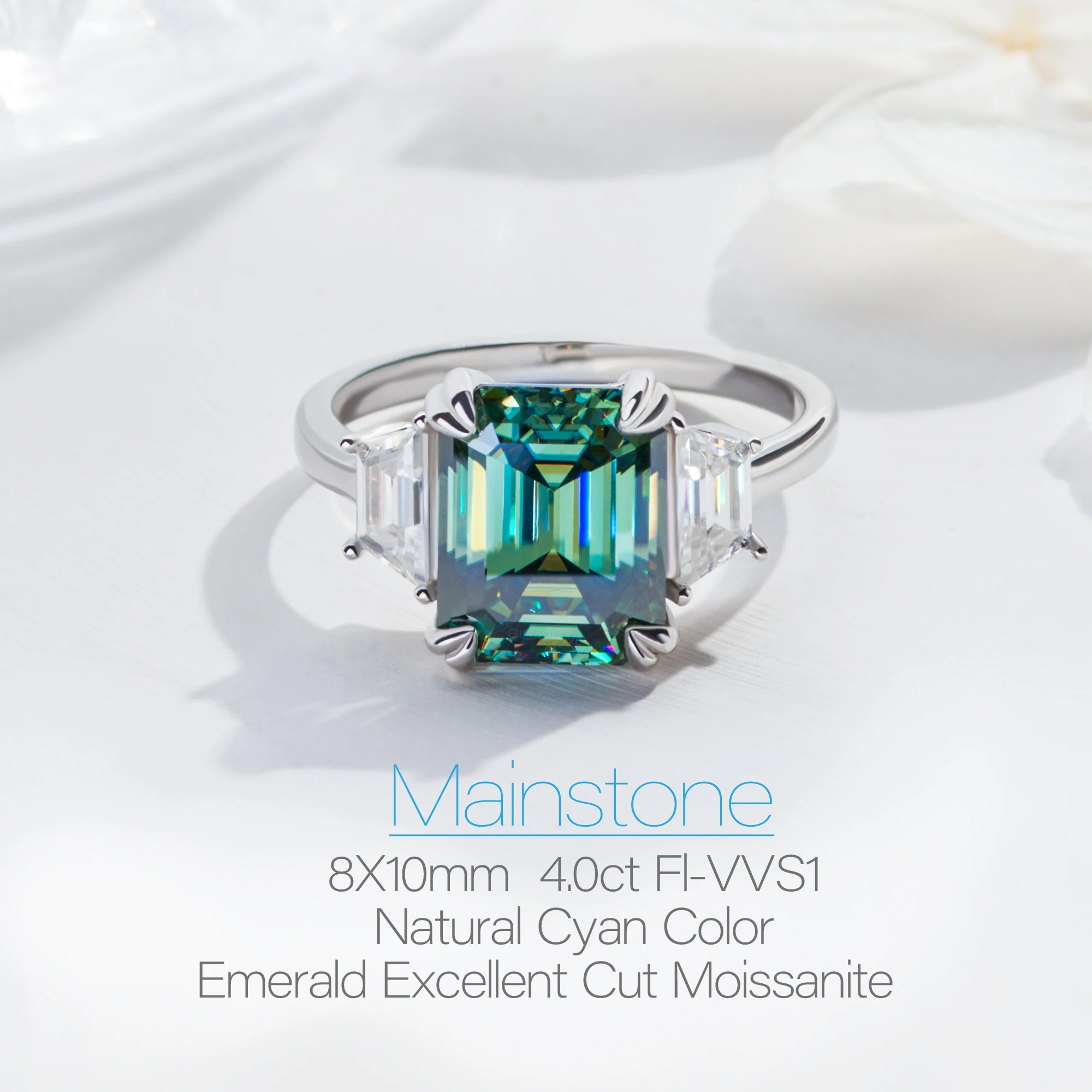 Luxury Emerald Cut Cyan Moissanite Engagement Ring in Sterling Silver