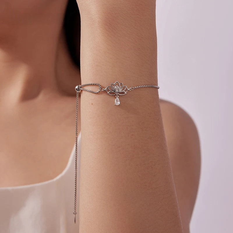 Sterling Silver Lotus Flower Adjustable Bracelet – Spiritual Yoga Jewelry
