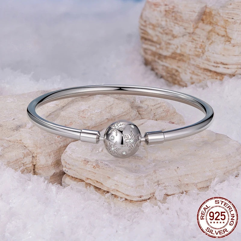 Sterling Silver Snowflake Zircon Charm Bangle Bracelet