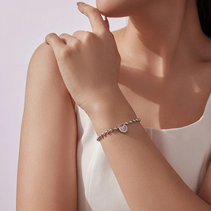 Sterling Silver Heart Charm Bead Link Bracelet for Women