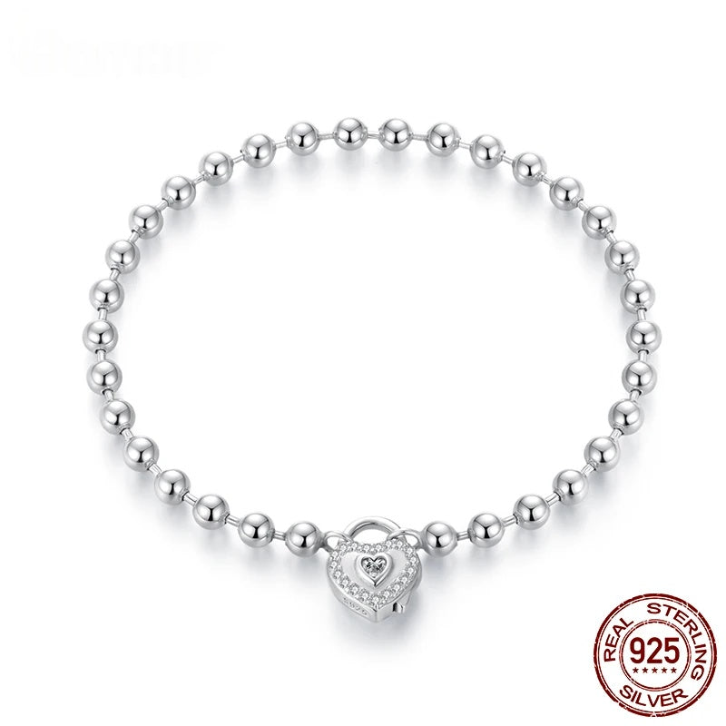 Sterling Silver Heart Charm Bead Link Bracelet for Women