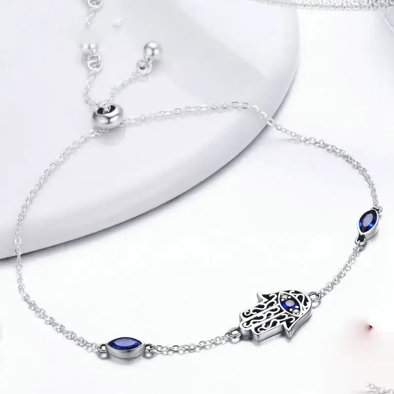 Blue Hamsa Hand 925 Sterling Silver Cubic Zirconia Adjustable Chain Bracelet