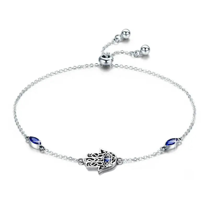 Blue Hamsa Hand 925 Sterling Silver Cubic Zirconia Adjustable Chain Bracelet