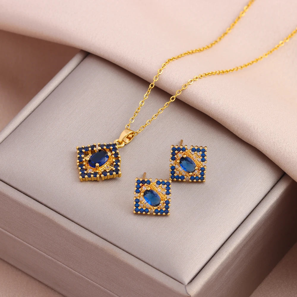 Blue Zircon Crystal Necklace & Earrings Set – Women’s Stainless Steel Jewelry
