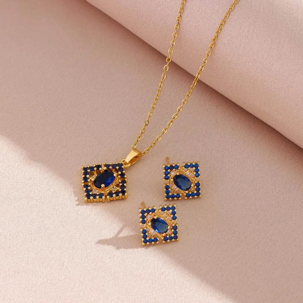 Blue Zircon Crystal Necklace & Earrings Set – Women’s Stainless Steel Jewelry