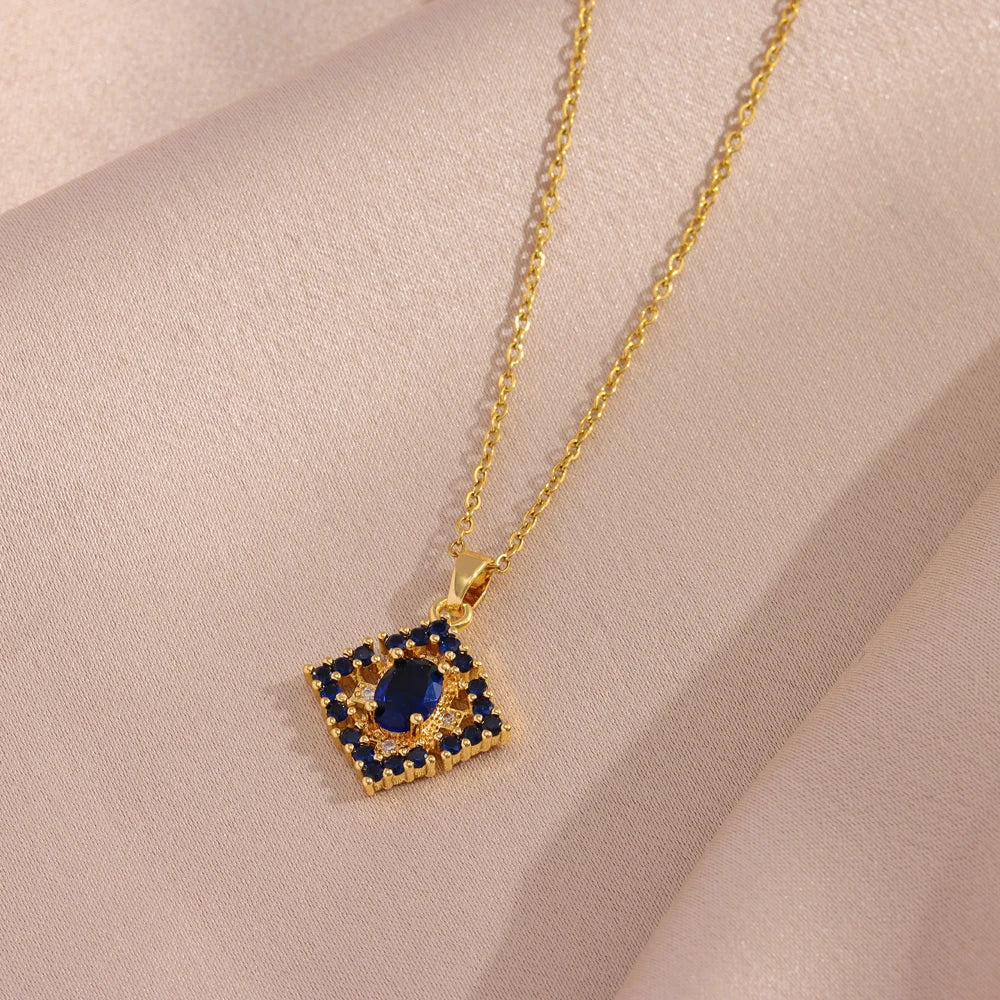 Blue Zircon Crystal Necklace & Earrings Set – Women’s Stainless Steel Jewelry