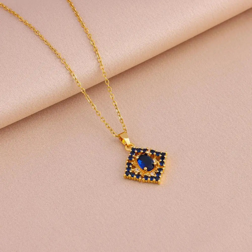 Blue Zircon Crystal Necklace & Earrings Set – Women’s Stainless Steel Jewelry