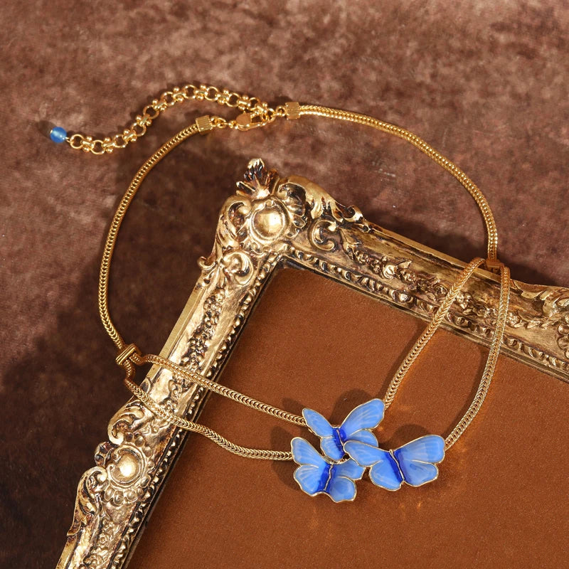 Boho Blue Enamel Butterfly Necklace – Layered Gold Pendant