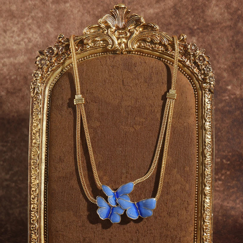Boho Blue Enamel Butterfly Necklace – Layered Gold Pendant