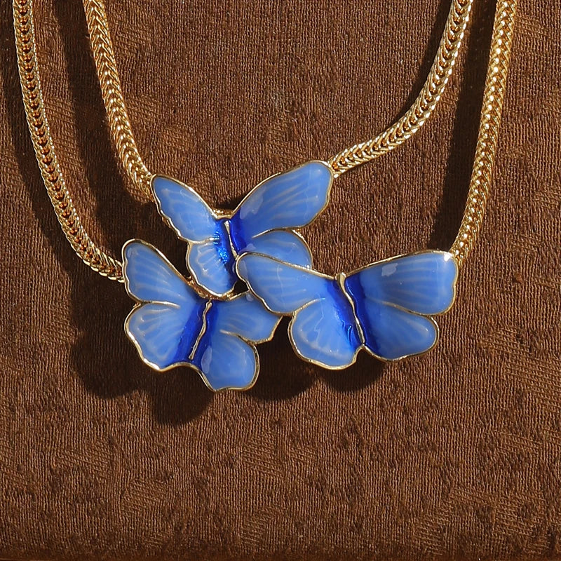 Boho Blue Enamel Butterfly Necklace – Layered Gold Pendant