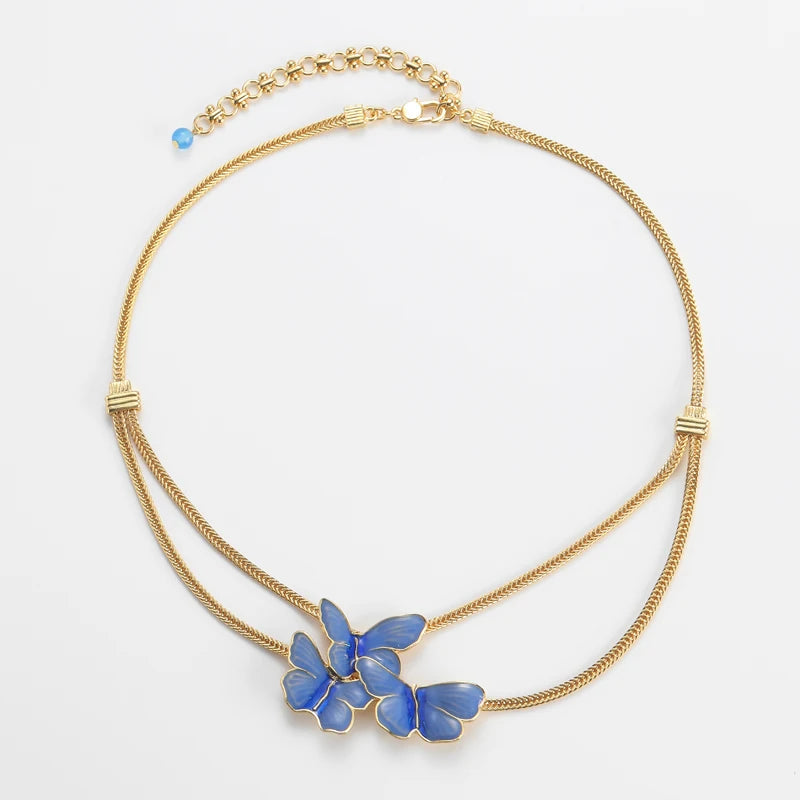 Boho Blue Enamel Butterfly Necklace – Layered Gold Pendant