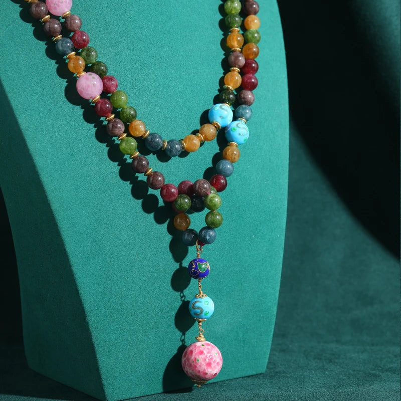Boho Pink Beaded Layered Necklace with Natural Stone Pendant
