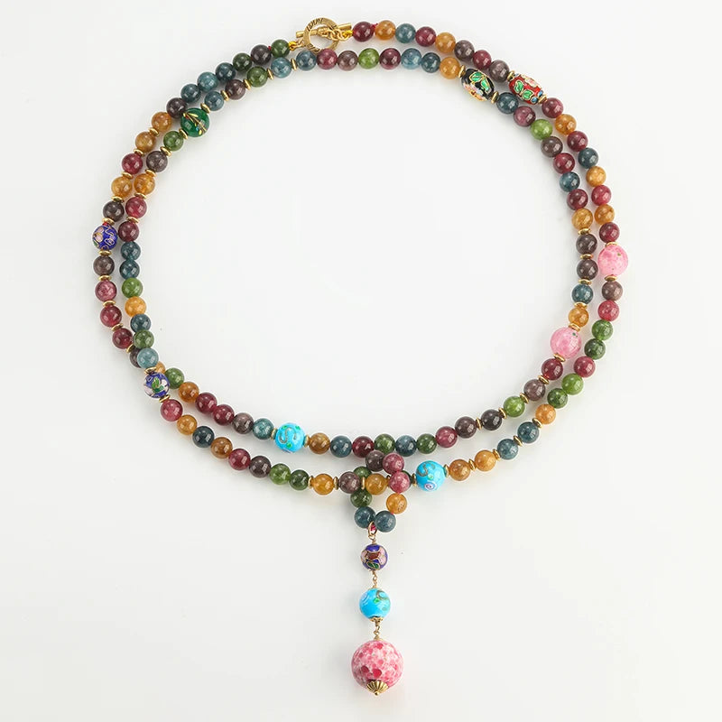 Boho Pink Beaded Layered Necklace with Natural Stone Pendant
