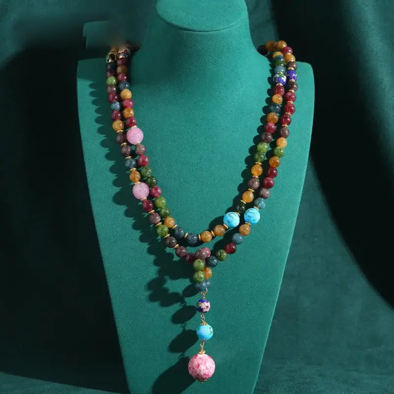 Boho Pink Beaded Layered Necklace with Natural Stone Pendant
