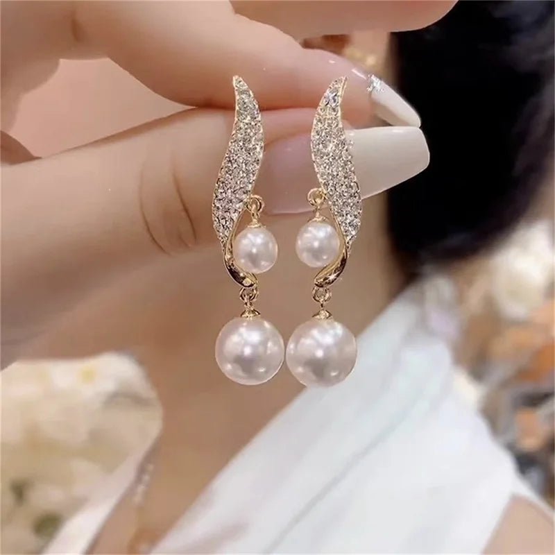 Classic Elegant Double Pearl Crystal Tassel Drop Earrings