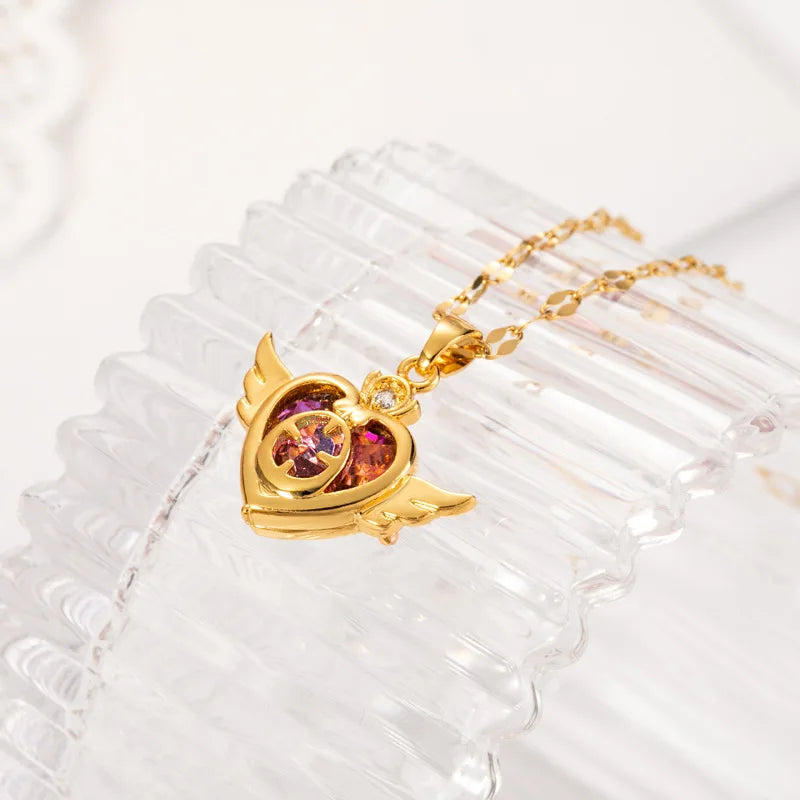 Colorful Crystal Angel Wings Love Heart Necklace for Women