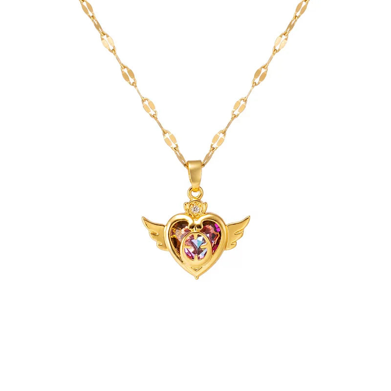Colorful Crystal Angel Wings Love Heart Necklace for Women