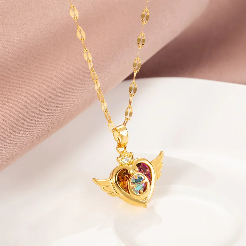 Colorful Crystal Angel Wings Love Heart Necklace for Women