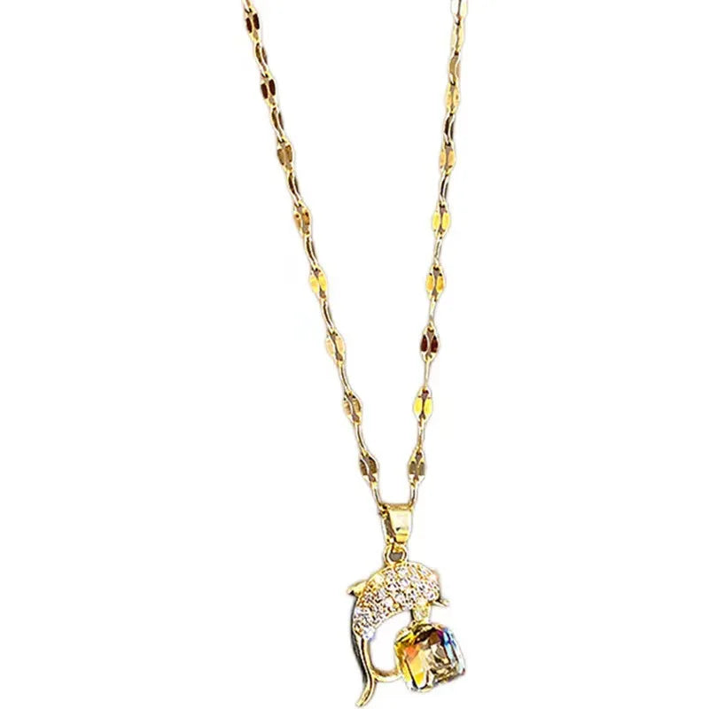 Colorful Crystal Dolphin Pendant Necklace for Women