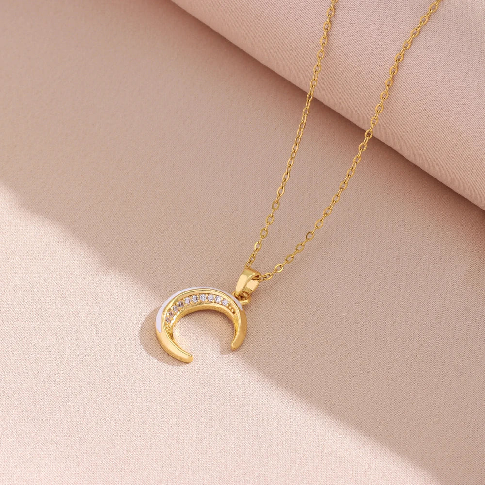 Cute Zircon Moon Pendant Necklace – Women’s Stainless Steel Jewelry