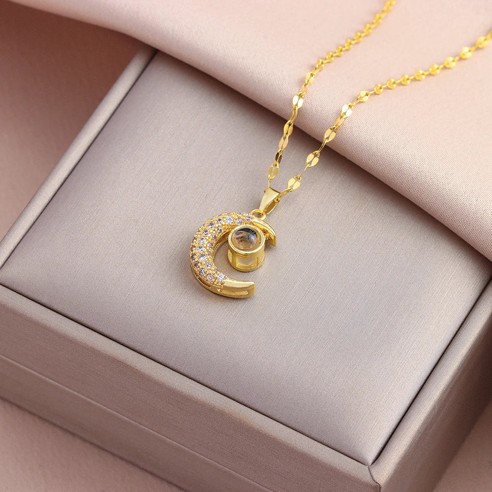 Cute Zircon Moon Pendant Necklace – Women’s Stainless Steel Jewelry