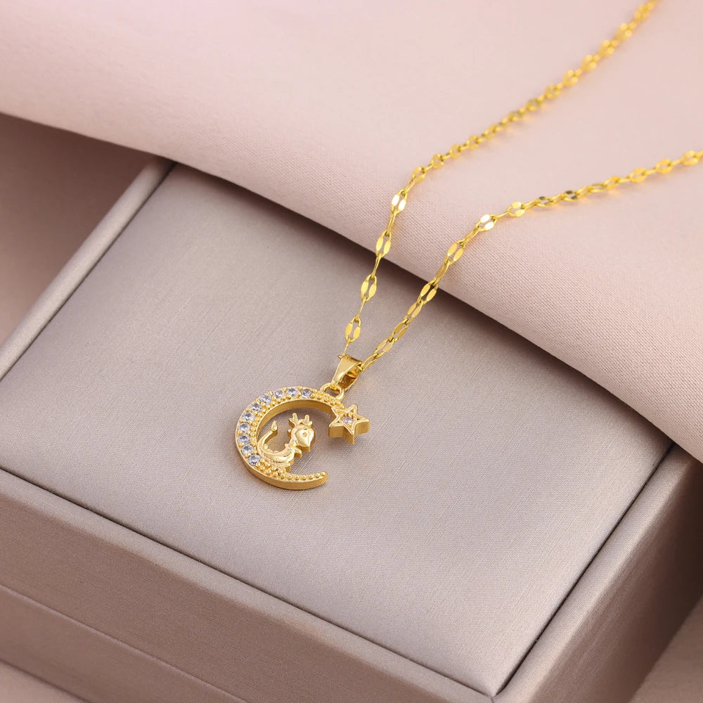 Cute Zircon Moon Pendant Necklace – Women’s Stainless Steel Jewelry